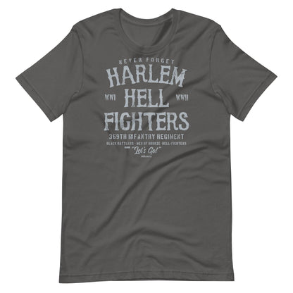 dark grey t shirt with white text that reads harlem hellfighters wwi and wwii