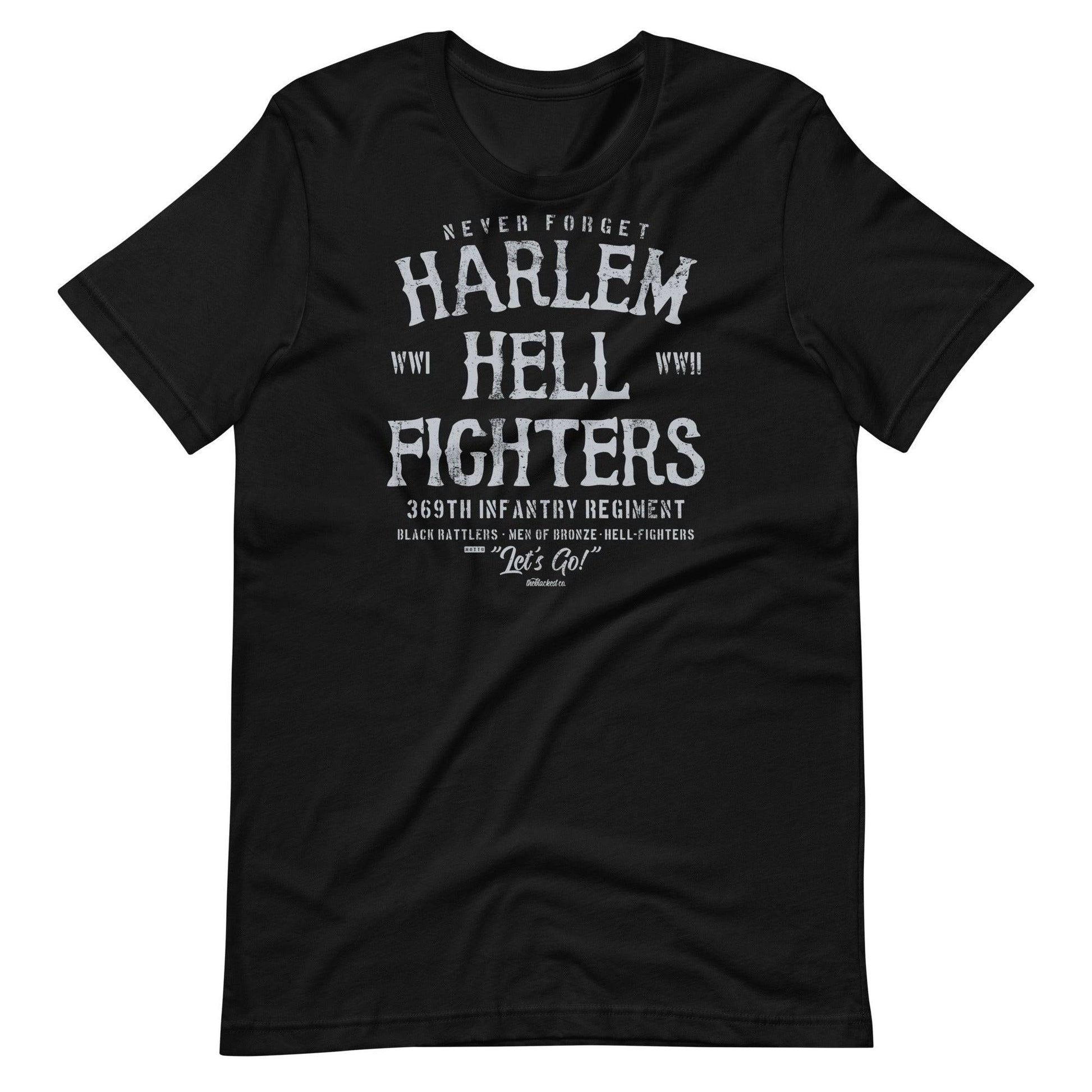 heather black t shirt with white text that reads harlem hellfighters wwi and wwii