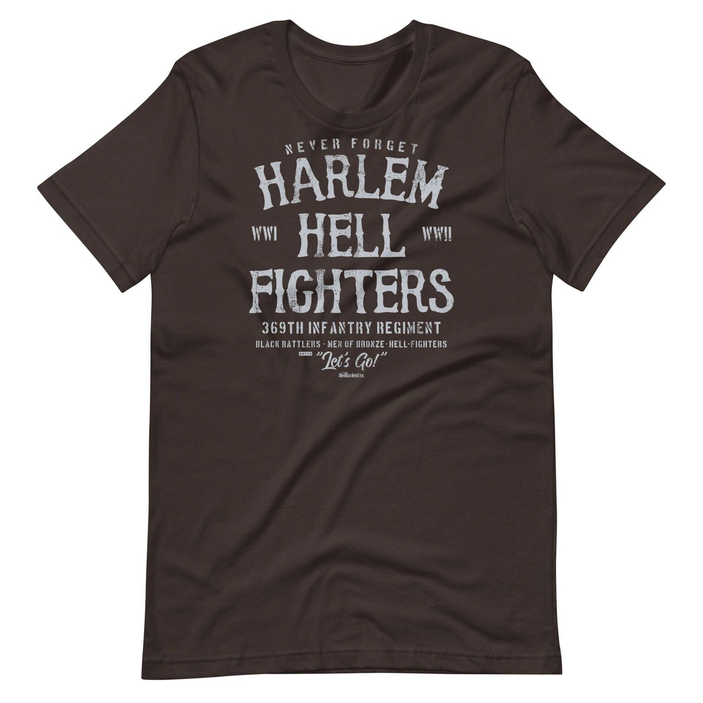 navy t shirt with white text that reads harlem hellfighters wwi and wwii