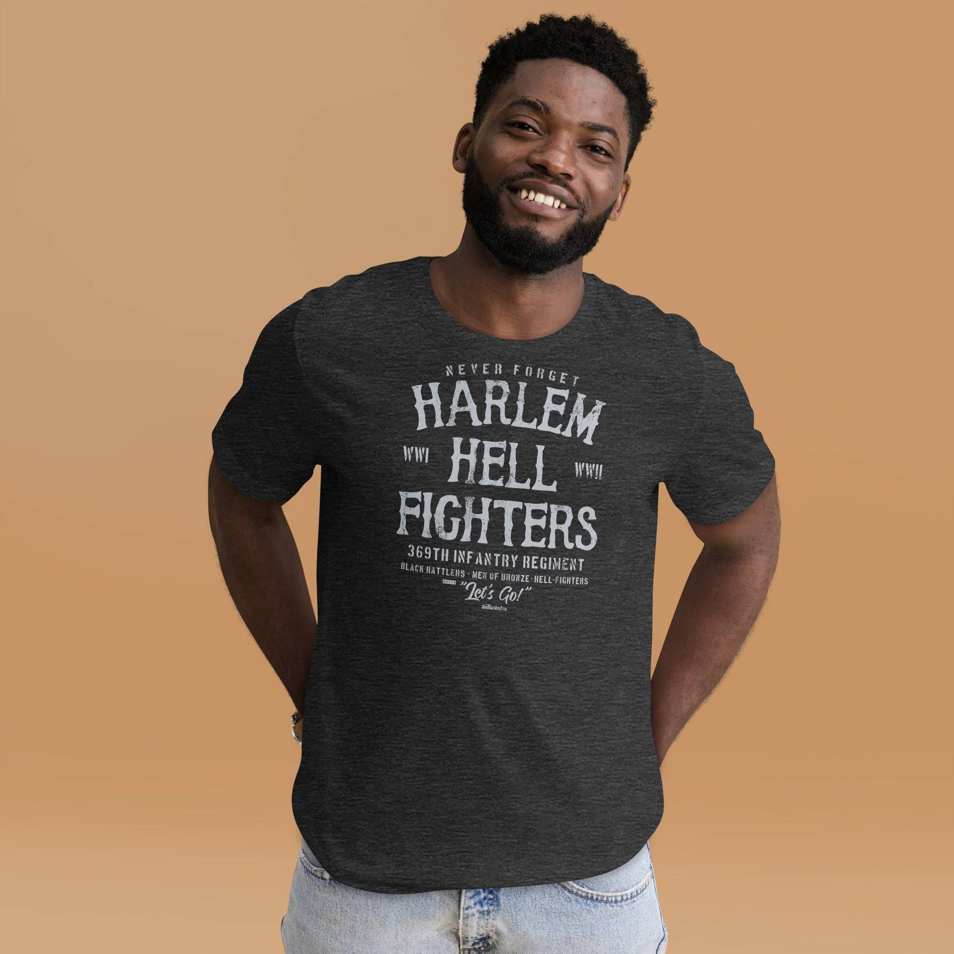 man wearing a black t shirt with white text that reads harlem hellfighters wwi and wwii