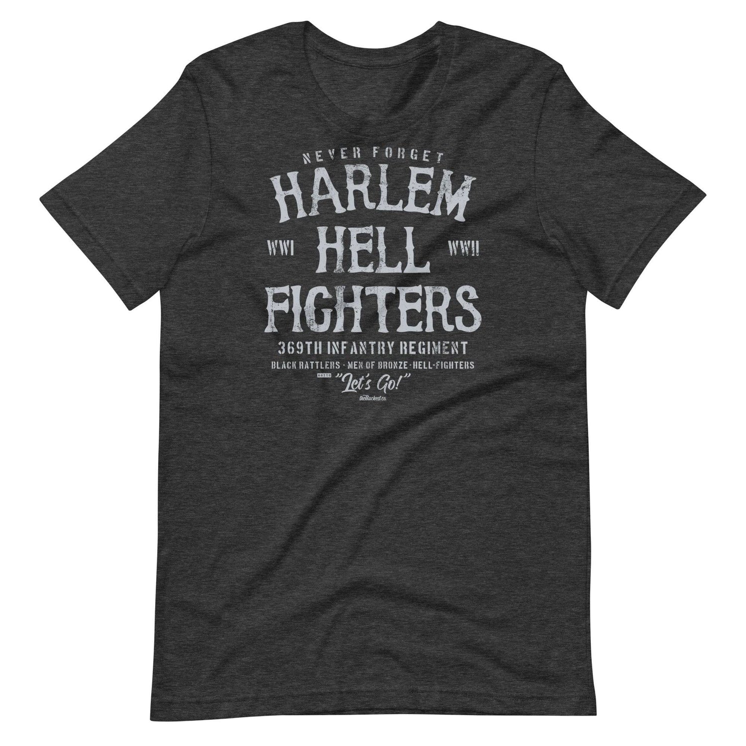 black t shirt with white text that reads harlem hellfighters wwi and wwii