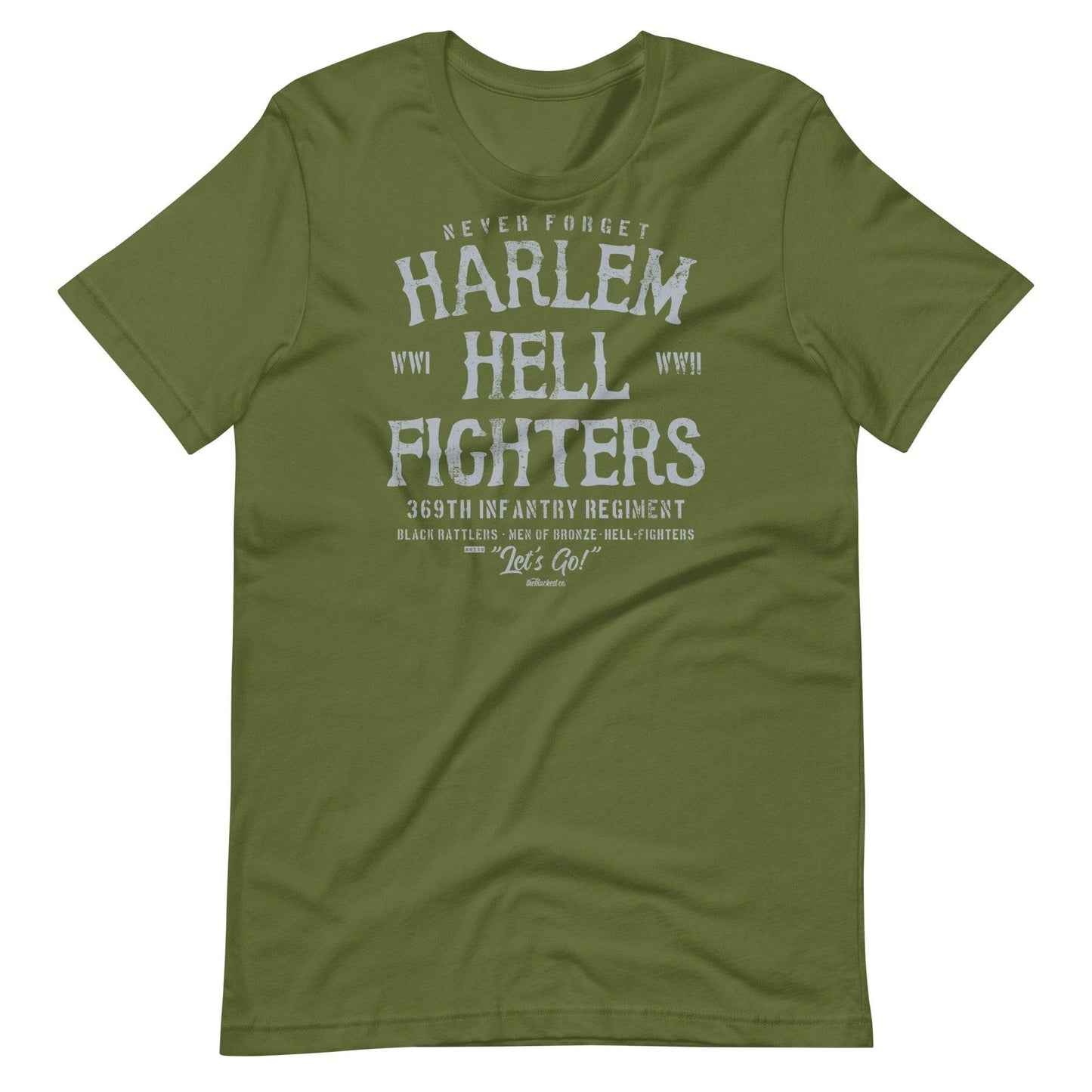 spruce green t shirt with white text that reads harlem hellfighters wwi and wwii