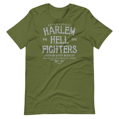 spruce green t shirt with white text that reads harlem hellfighters wwi and wwii