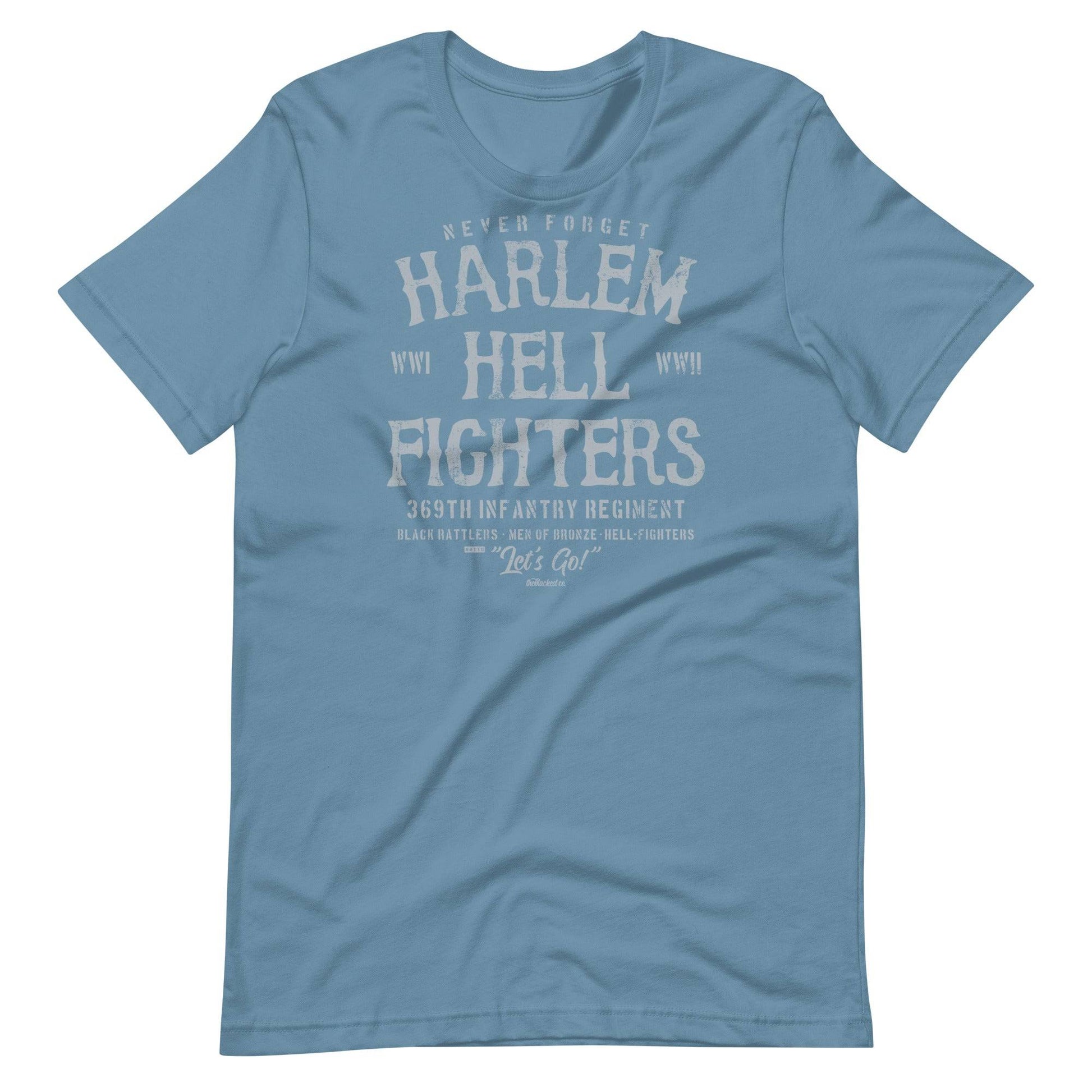 denim blue t shirt with white text that reads harlem hellfighters wwi and wwii